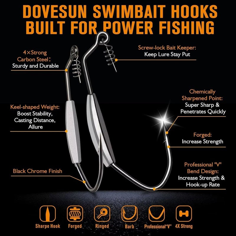 Dovesun 12PCS/44PCS Weighted Swimbait Hooks Weighted Fishing Hooks Saltwater Freshwater Worm Weedless Hooks for Bass Fishing 3/0 4/0 5/0 - Image 2